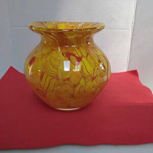 5" Decorative Yellow and Red Swirled Blown Glass Vase